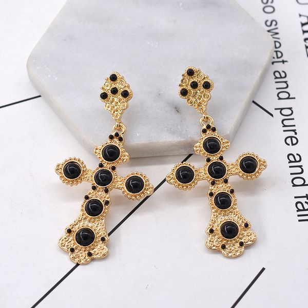 

baroque rhinestone cross stud earrings for women fashion wedding jewelry gold metal carving earrings brincos vintage bijoux, Golden;silver