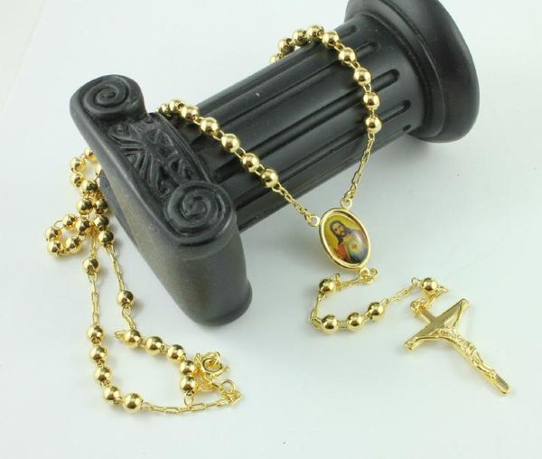 

14k yellow gold rosary pray bead jesus cross pendant necklace chain gift box jewelry containing about 30% or more of an alloy, Silver