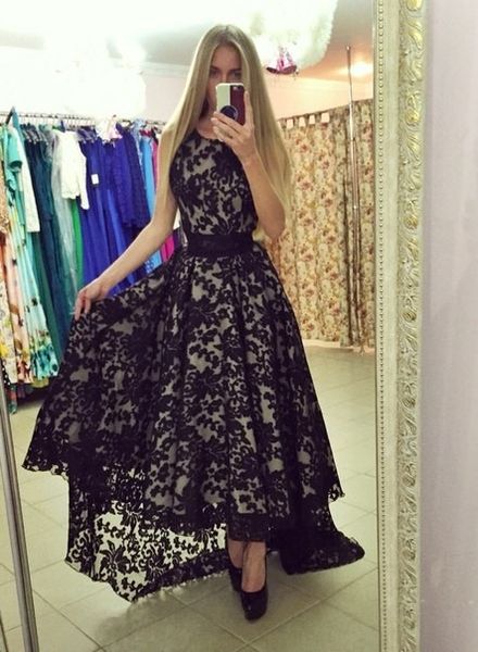 

2019 Sexy High Low Off the Shoulder Homecoming Dresses Black Lace Modest Homecoming Dress Asymmetrical Long Prom Gowns Real Image