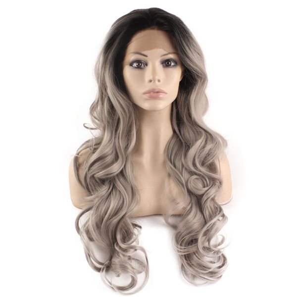 SF5 Frente Lace Wig Ombre Preto Root Cinza Escuro Peruca, Ombre Synthetic ondulado peruca cinzenta à moda Kanekalon peruca para Mulheres Moda