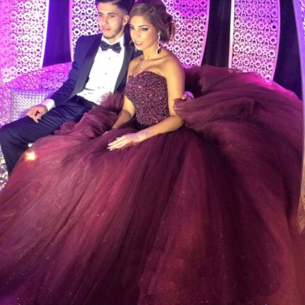 

burgundy beaded evening dresses ball gown tulle robe de soiree corst back floor length splendid formal party prom gowns 2016, Black;red