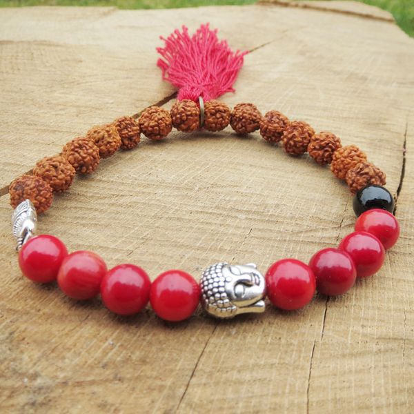 

sn1104 rudraksha bracelet red coral tassel bracelet yoga meditation healing bracelet designer tassel power bracelet, Black