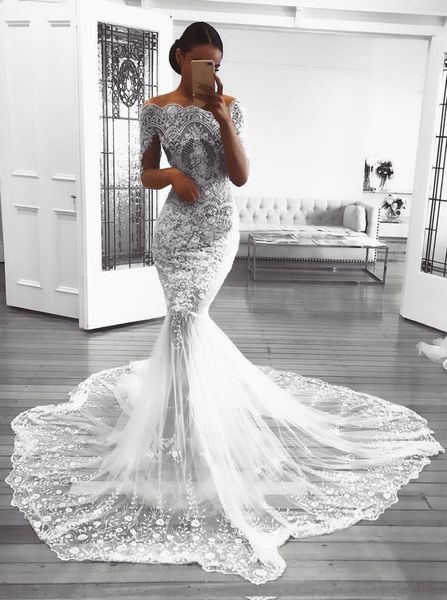 

gorgeous mermaid lace wedding dresses with half sleeves beaded off the shoulder bridal gowns applique trumpet tulle wedding dress, White
