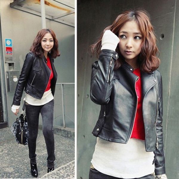 

2016 brand new fashion charming trendy fancy women slim-fitting motorcycle leather jacket winter coat black, Black;brown