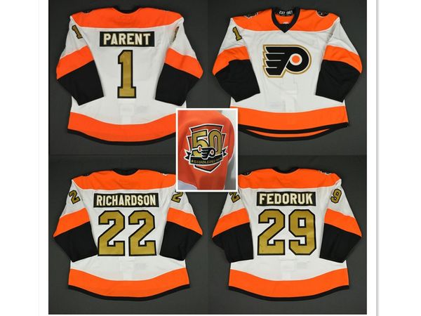 

Philadelphia Flyers 50th Anniversary Jersey 1 Bernie Parent 22 Luke Richardson 29 Todd Fedoruk Hockey Jerseys Free Shipping