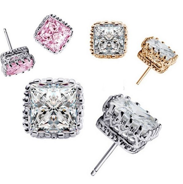 

wholesale -- zircon 6 mm studs senior jewelry couples crown square zircon crystal stud earrings gift 2989, Golden;silver