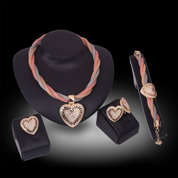 

rings necklaces earrings bracelets jewelry sets luxury fashion rhinestone 18k gold plated alloy heart wedding jewelry 4-piece set js164, Slivery;golden
