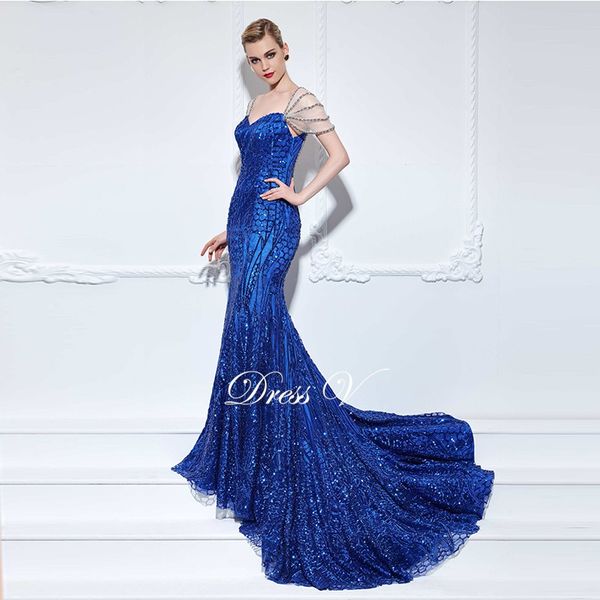 

2019 Newest Blue Beading Sequins Mermaid Sweetheart Evening Dress Cap Sleeve Short Sleeve Court Train Long Elegant Prom Dress Custom Made