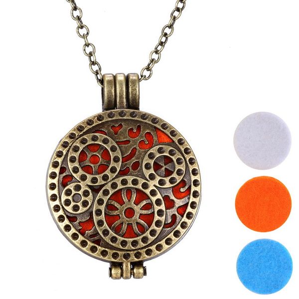 Mode ätherisches Öl Diffusor Anhänger Halsketten Damen Schmuck Aromatherapie Diffusor Medaillons Halskette Bronze Steampunk Rad Zahnrad Anhänger