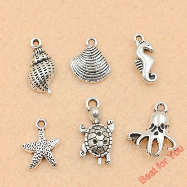 

100pcs mixed tibetan silver tone shell starfish charms pendants for jewelry making diy handmade craft 6styles jewelry making, Bronze;silver