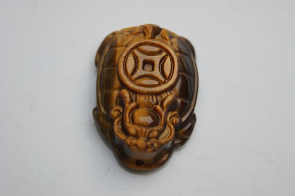 

natural tigereye qian longsheng hand-carved gold tortoise. necklace pendant, Silver