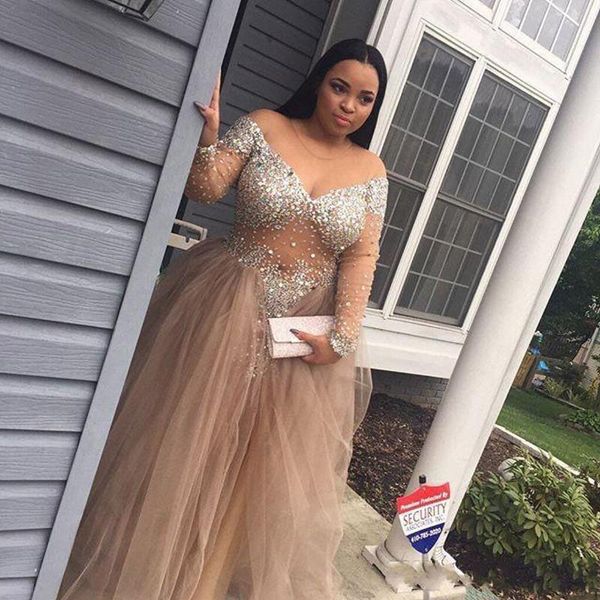 

sparkly beaded plus size prom dresses off shoulder long sleeves see through prom gowns tulle a line africa formal party dresses evening, Black