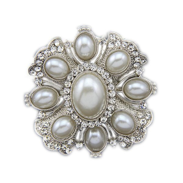 

2 inch vintage look rhodium silver plated cream oval shaped pearl flower brooch with rhinestone crystals, Gray