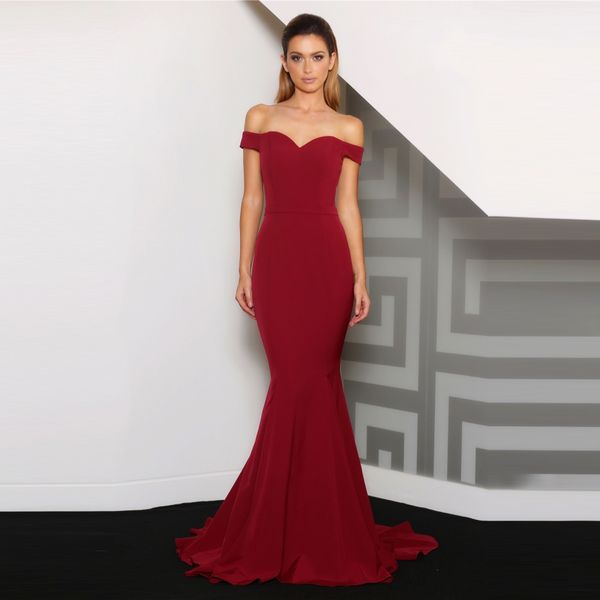 

burgundy off shoulder mermaid evening dress 2019 formal stretchy satin sweep train long prom gowns vestido de festa longo, Black;red