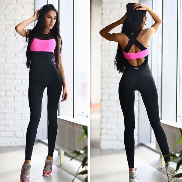 

wholesale- 2017 women european new casual jumpsuits movement piece pants fashion blak and pink sporting jumpsuits, Black;white