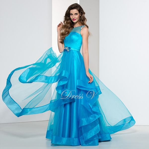 

2019 Elegant Plus Size Ice Blue Ladies Evening Dresses Affordable Formal Dress Sheer Scoop Neck A-Line Beaded Party Prom Gown