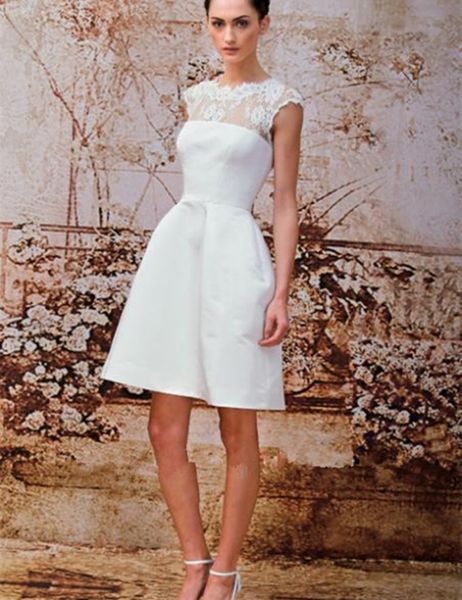 

2019 горячие продажа короткие свадебные платья cap рукавом драгоценности шеи кружева атлас выше колена мини свадебные платья молния назад не, White