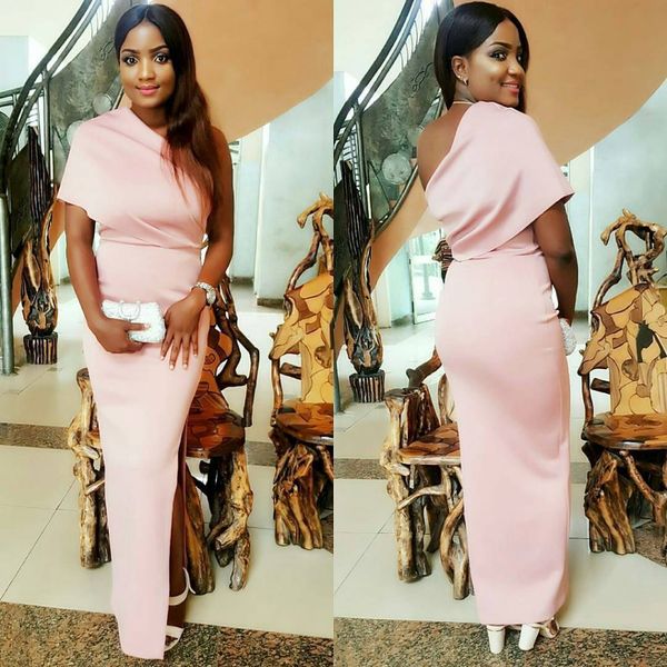 

one shoulder pink prom dresses sheath side leg slit evening party dresses african black girls prom gowns bridesmaid dress