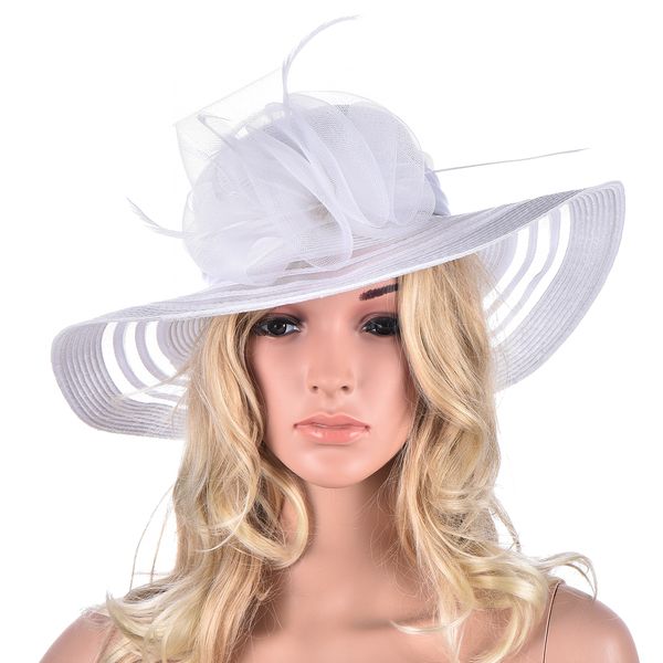 Chapéu feminino para festa de chá, aba larga, penas florais, poliéster, Kentucky Derby, vestido de igreja, sol, praia, chapéu A340