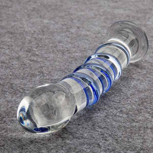 Nuovi prodotti del sesso Sapphire Spiral Pyrex Glass Dildo 7 pollici Realistic Crystal Strapon Penis Giocattoli adulti artificiali del sesso per la donna 0701