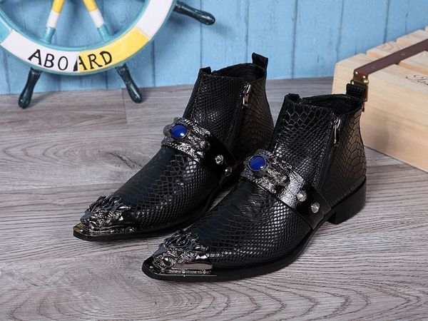 

men black high leather shoes fashion metal charm pointed toe short ankle boot python pattern personalized martin boot