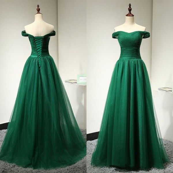 Imagem Real de Alta Qualidade Vestido de Cocktail Desgaste da Noite Verde Escuro do Ombro Ruched Tulle Até O Chão Prom Party Vestidos Espartilho Voltar