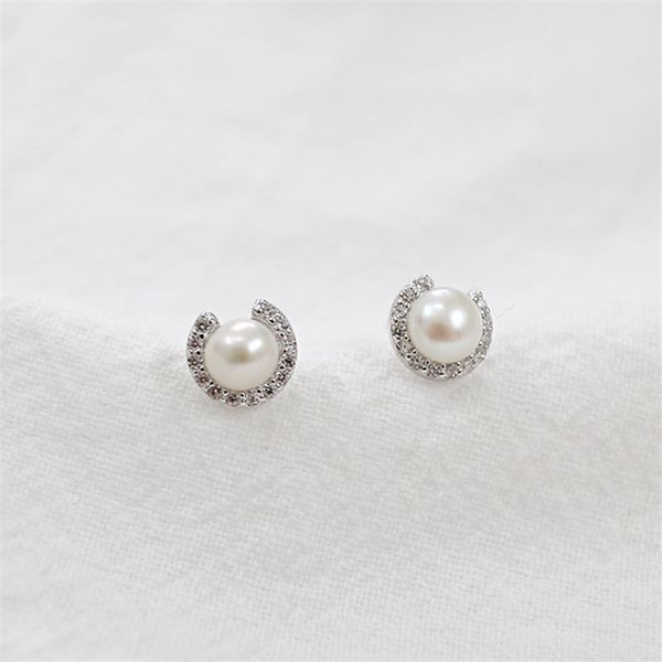 

new fashion genuine 925 sterling silver micro zircon stud earrings for women girls natural pearl earring christmas gifts, Golden;silver