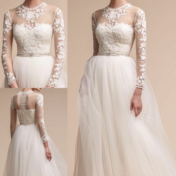 

bhldn с длинным рукавом свадебные платья кристалл створки кружева аппликация 2018 новое прибытие пляж свадебные платья тюль развертки поезд, White