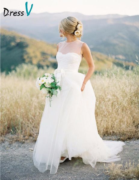 

2019 Sexy Outdoor Country White Lace Tulle Beach Wedding Dress New Style Sheath Scoop Neck Floor Length Zipper Up Bridal dress Custom Made
