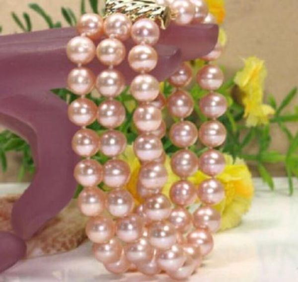 

real beautiful 3 strand 8-9mm pink natural pearl bracelet 7.5-8" 14k yellow, Black
