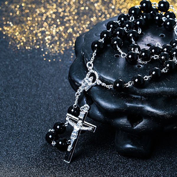 

New Necklace Black Bead Jesus Cross Chain David Beckham Rosary Pendant Necklace Hip hop jewelry