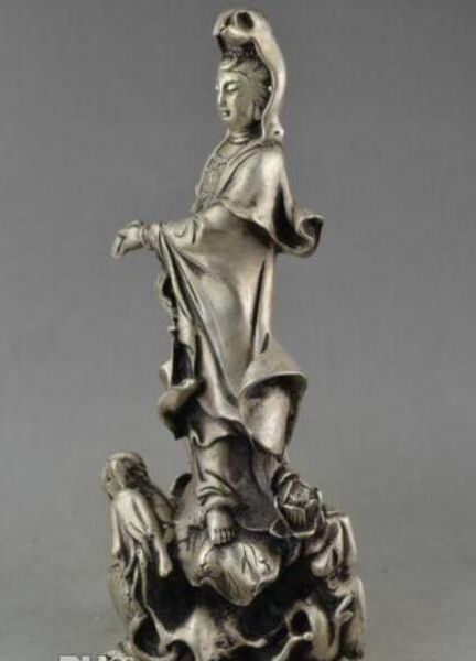 China Collectible Handwork Velho miao prata escultura kwan-yin em dragão grande estátua