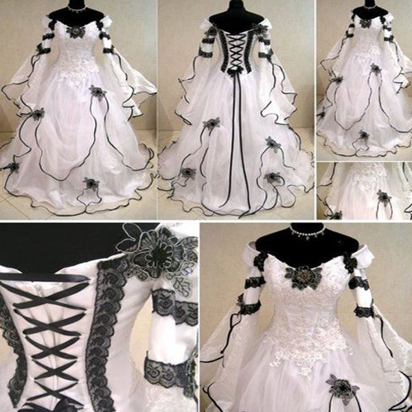 Único branco e preto vestido de casamento celta fora do ombro mangas compridas apliques espartilho vestidos de noiva de alta qualidade feito sob encomenda desgaste da noiva