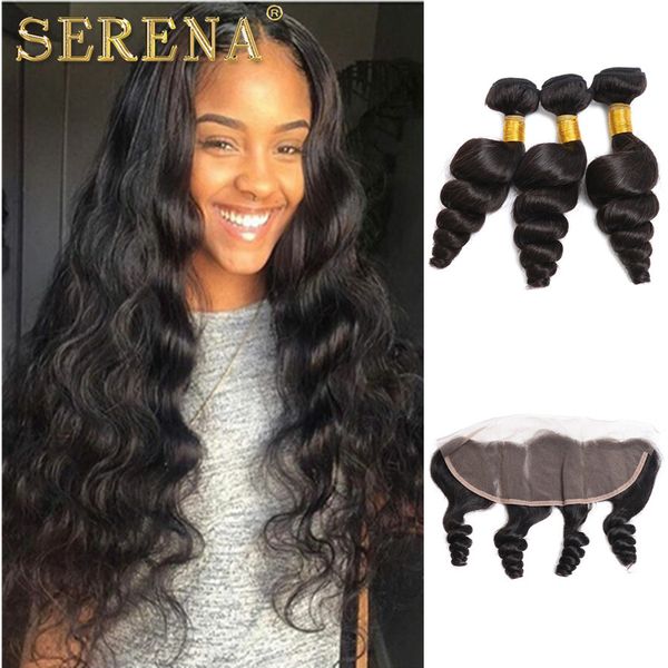 2019 Unprocessed Brazilian Virgin Human 3 Hair Bundles With 13x4 Lace Frontal Closure Loose Wave 1b Color Wedding Soft Smooth Cheap Queenlike 7a From