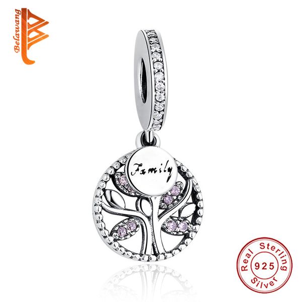 

BELAWANG European 925 Sterling Silver Family Tree Pink Crystal Charms Beads Fit Pandora Charm Bracelet&Necklace Authentic Jewelry Making