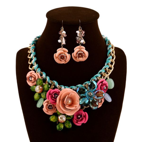 

fashionable jewelry sets women flower white k necklace earrings sets jewelry set rose gold plate crystal enamel earring/necklace/ring flower, Silver