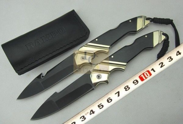 Rambo großes Klappmesser, 9cr18mov, schwarze Klinge aus Messing + Horngriff mit Lederscheide für die Jagd, Camping, EDC-Werkzeug