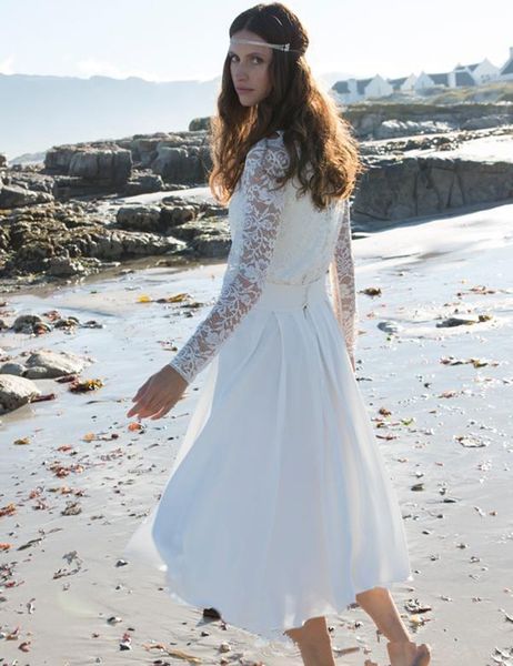 

повседневная пляжная чайная длина свадебных платьев с длинным рукавом с высоким вырезом и кружевами из шифона с короткими линиями свадебных, White