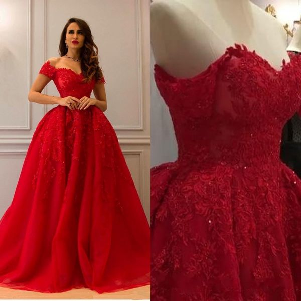 Rote luxuriöse Spitze 2019 arabische Abendkleider Schatz Perlen Ballkleid Tüll Ballkleider Vintage formelle Partykleider