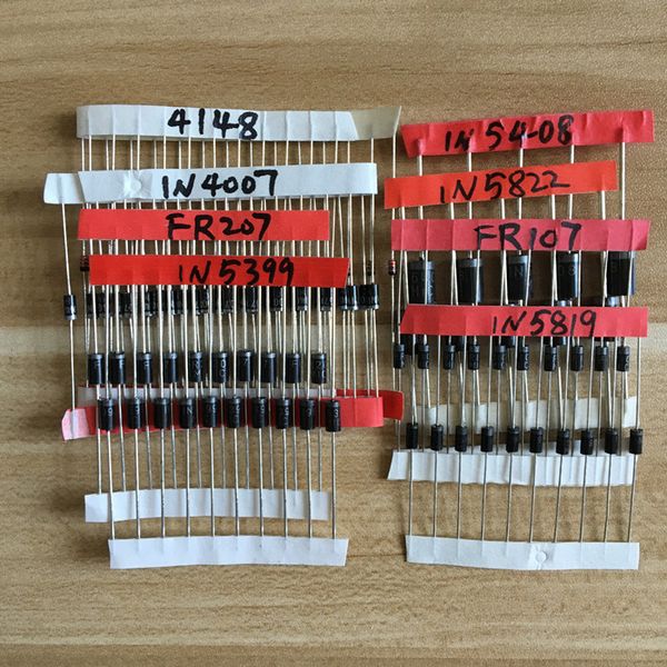 

wholesale- 1n4148 1n4007 1n5819 1n5399 1n5408 1n5822 fr107 fr207,8values=100pcs,electronic components package,diode assorted kit