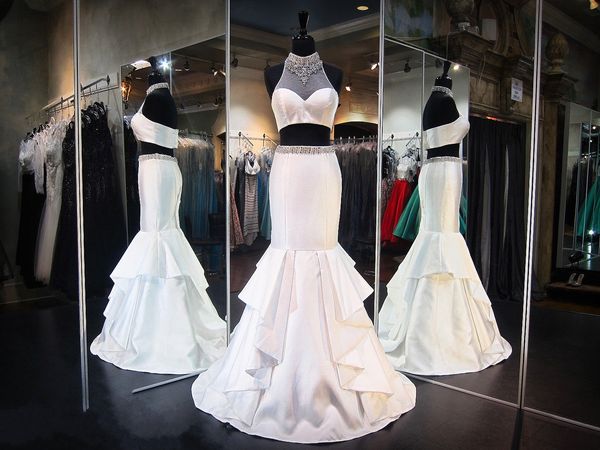 

ivory illusion high neck two piece mermaid prom dresses ruffle beaded formal celebrity evening gowns elegant satin open back dress, Black