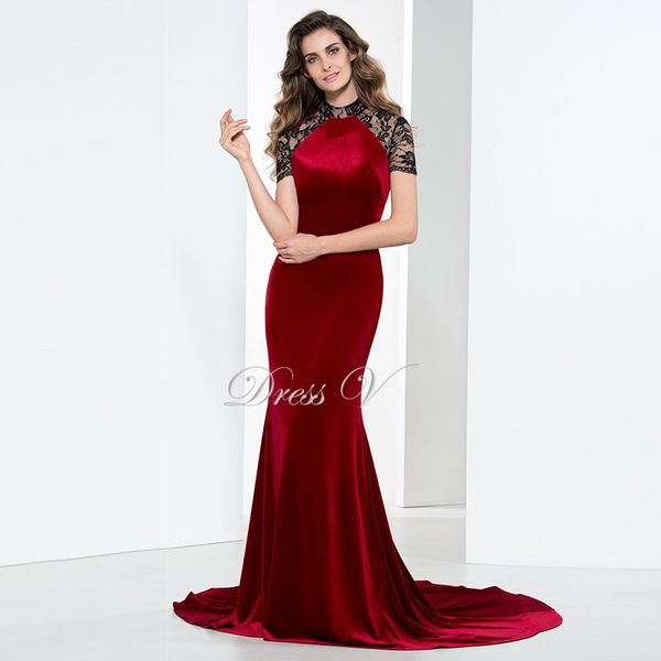 

2019 Elegant Long Burgundy Mermaid Velvet Evening Dresses Court Train Hollow Out Lace O-neck Short Sleeves Formal Prom Dresses Custom Made