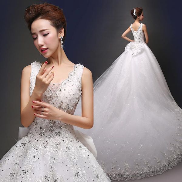 

romantic v neck crystal ball gown wedding dress with lace appliques 2016 court train bridal gowns, White