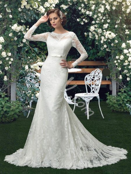 

White Vintage Mermaid Lace Wedding Dresses 2019 Gorgeous Scoop Neck Long Sleeves Belt Court Train Button Back Bridal Gowns Custom Made