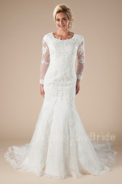 Abiti da sposa modesti in pizzo a sirena lunga con maniche lunghe scollo rotondo corsetto applicazioni posteriori vestibilità e svasatura abiti da sposa LDS maniche lunghe