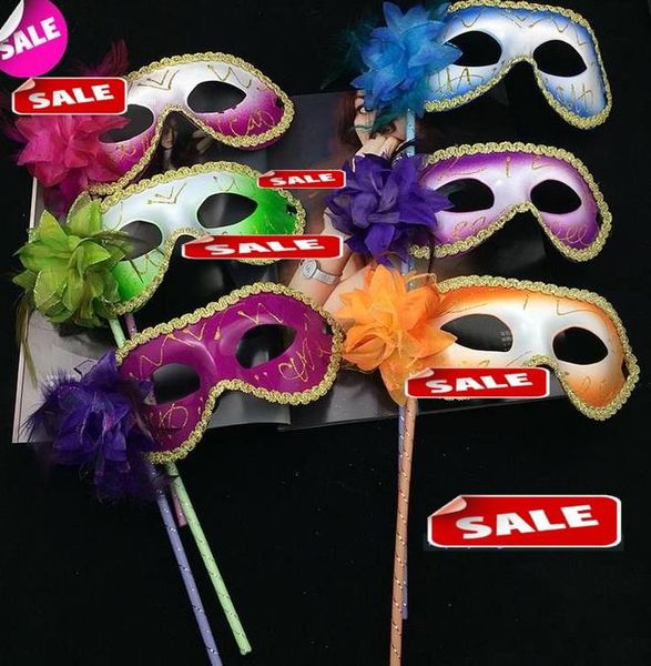 Venedig Maskerade Feder Blume Frauen Maske auf Stock Mardi Gras Kostüm Halloween Karneval Griff Stick Party Masken festliche Urlaubszubehör