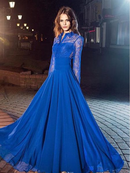 

amazing 2017 a-line royal blue lace prom dresses with long sleeves high neck covered button back evening dresses formal gowns, Black