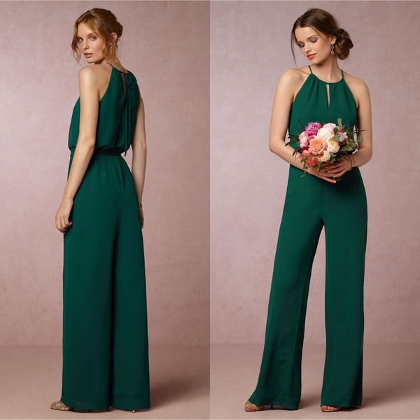 Novo Estilo País Da Dama de Honra Vestidos 2016 Sexy Verde Jóia Do Pescoço Elegante Império Damas de Honra Chiffon Vestido Calça Terno Plus Size Noivas Maids