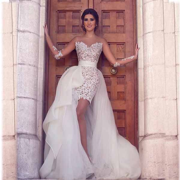 

2019 Sexy See Through Long Sleeves Wedding Dresses With Removable/Detachable Tulle Organza Skirt Wedding Gown Custom Made Vestidos De Novia