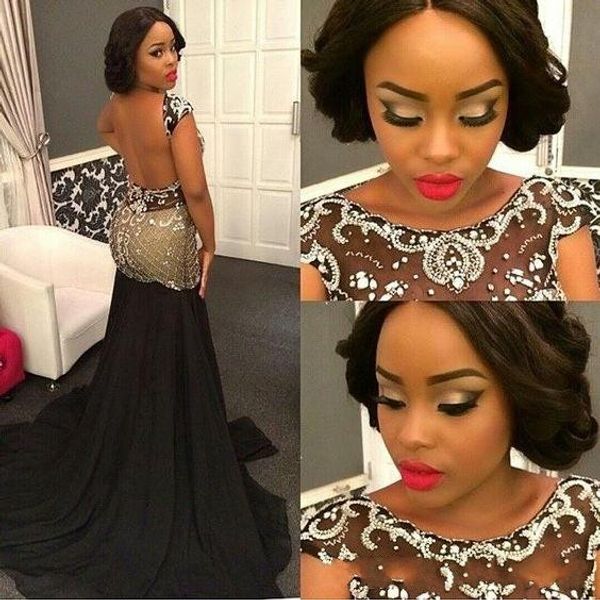 

2k16 gorgeous black dubai nigerian prom dresses fiesta mermaid capped sleeves beading crystal backless aso ebi evening party gowns